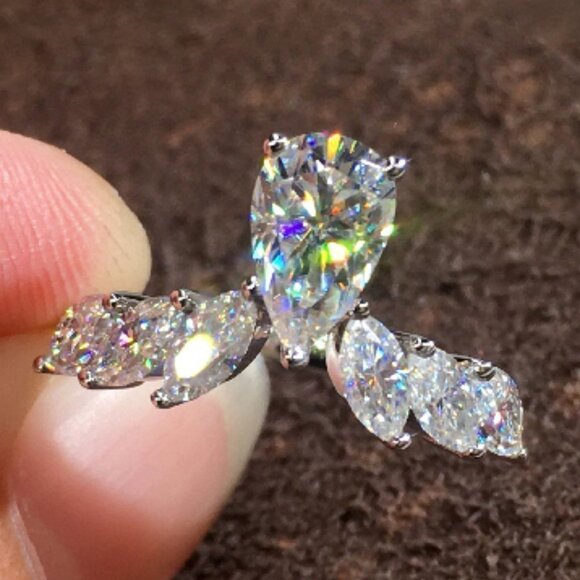 🌸Marquis Angle Wings Wedding Anillos Water Drop Pure CZ Pear Ring, L183 - Picture 1 of 6
